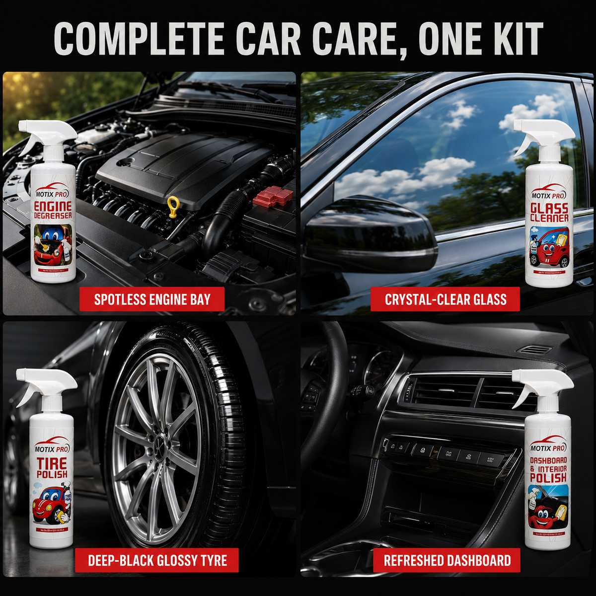 Motix Pro car care kit results for engine glass tyre and dashboard
