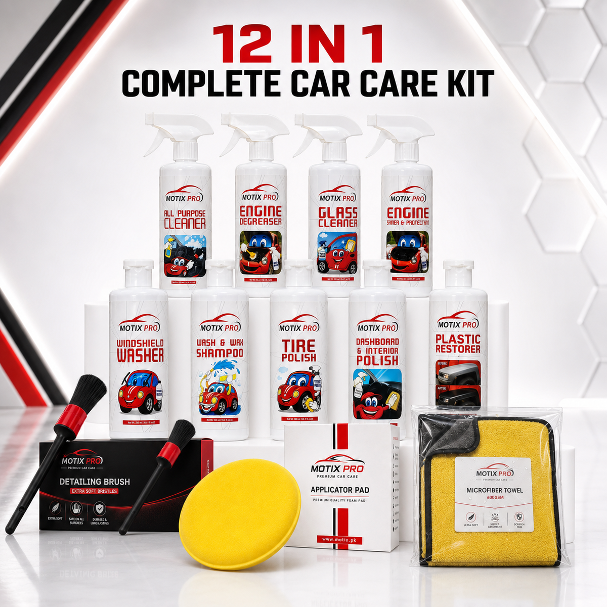 Motix Pro 12-in-1 Complete Car Care Kit with nine products and three accessories