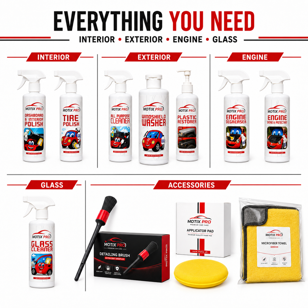 Contents of the Motix Pro 12-in-1 Complete Car Care Kit